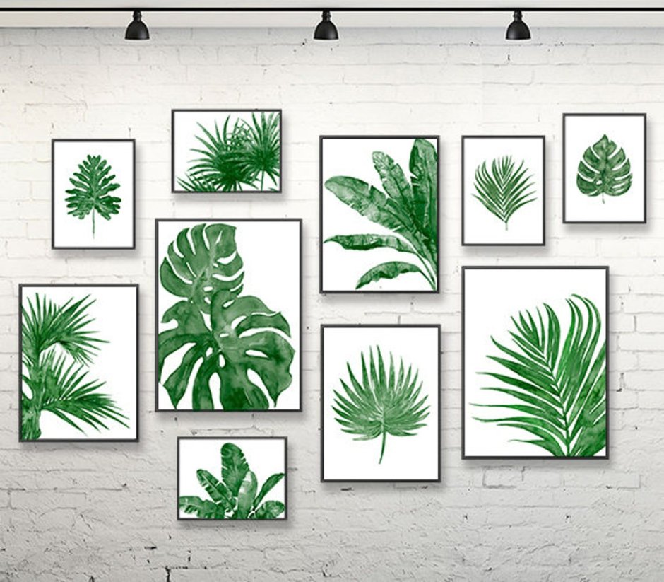Рисунок тропических листьев на стене