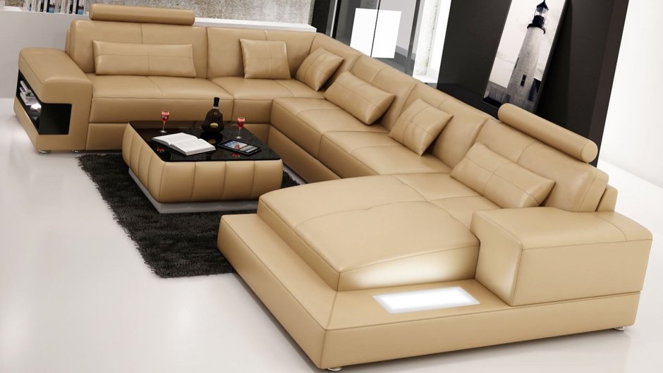 Большой кожаный п образный диван