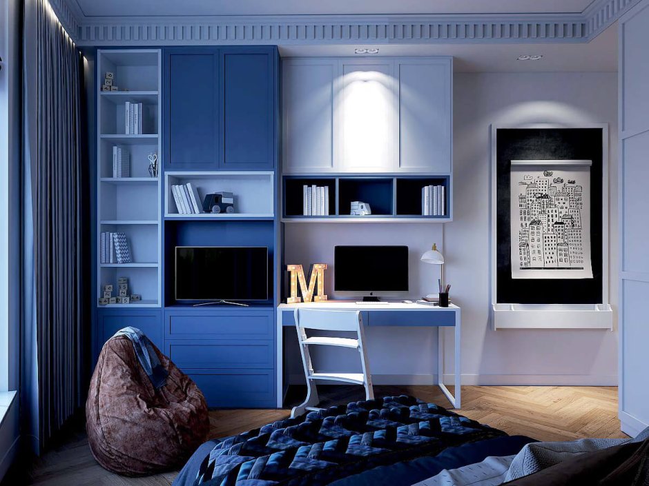 Синий шкаф в интерьере спальни