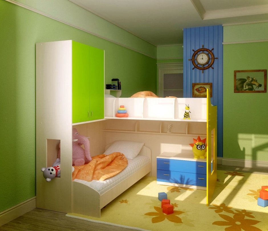 Узкая детская комната для разнополых детей