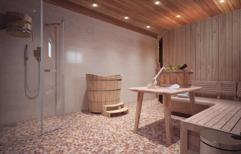 Моечная в бане в скандинавском стиле