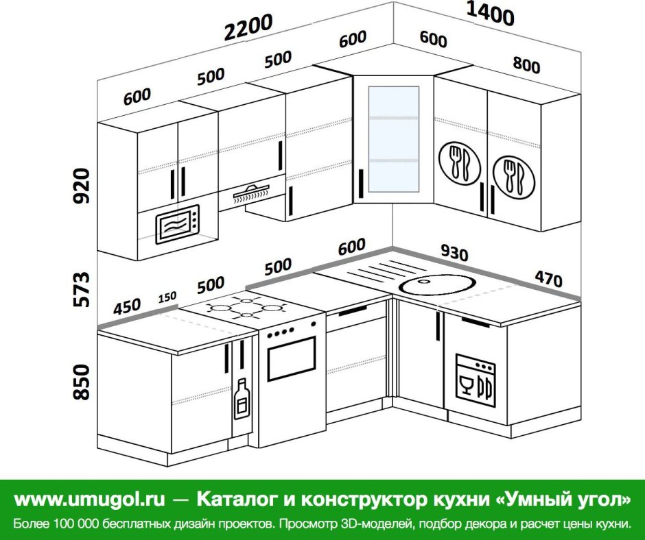 Проект маленькой угловой кухни с размерами