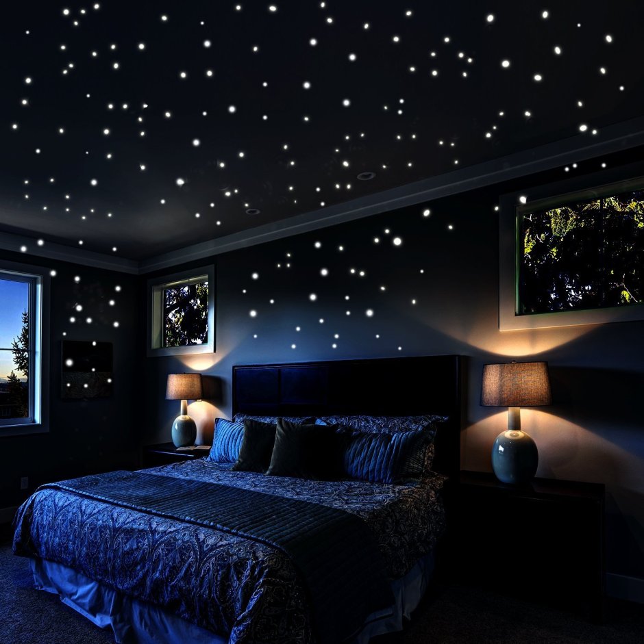 Комната для подростка синих Звёздное небо с подсветкой гирляндой