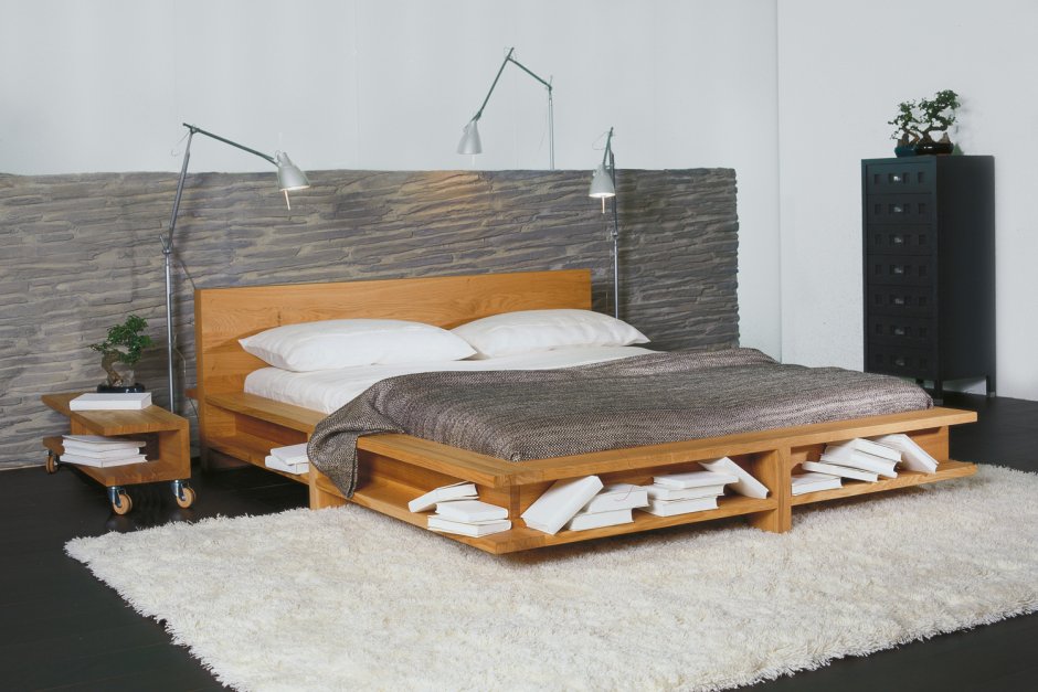 Кровать в стиле лофт с полками