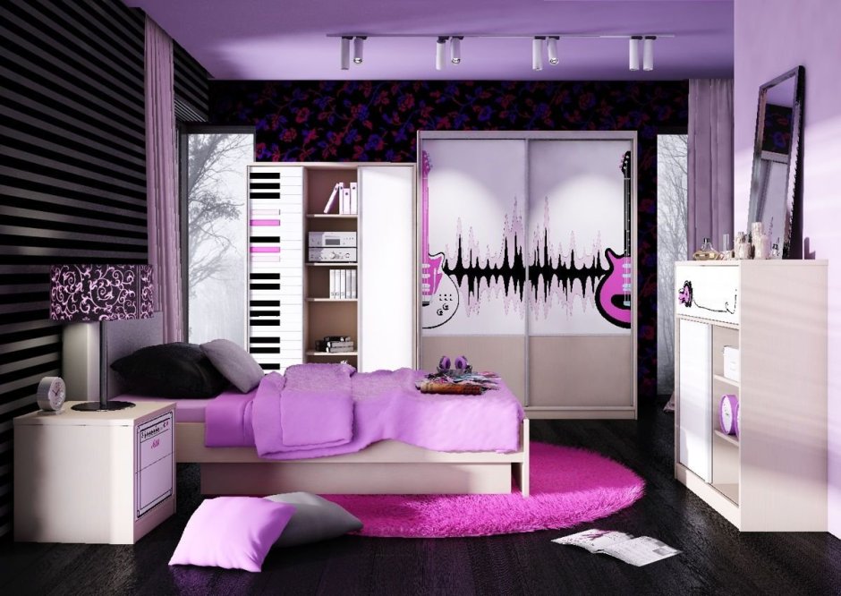 Комната с фиолетовой мебелью