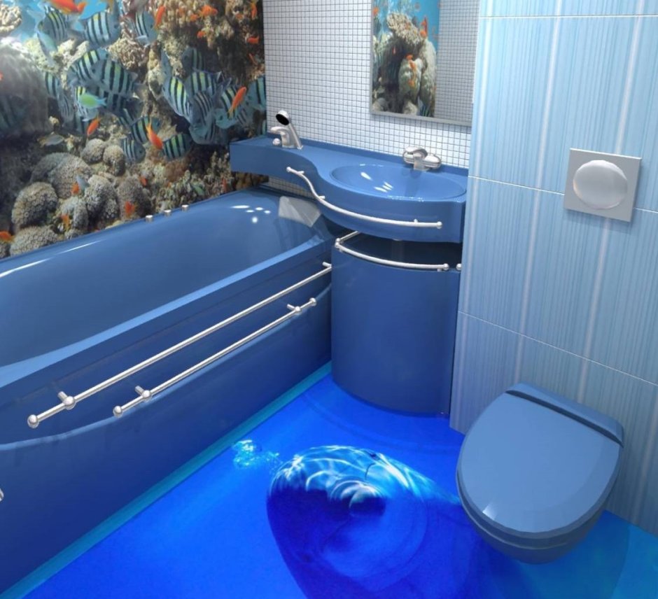 Синий наливной пол в ванной