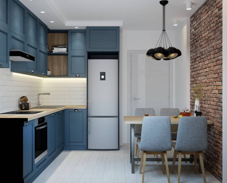 Синяя кухня серые стены