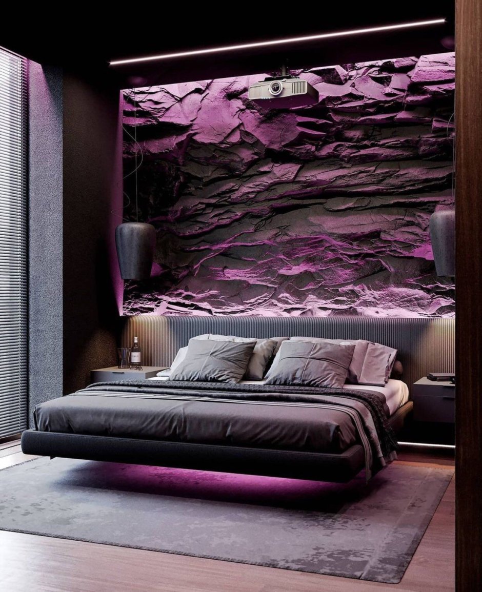 Спальня в темных тонах с подсветкой