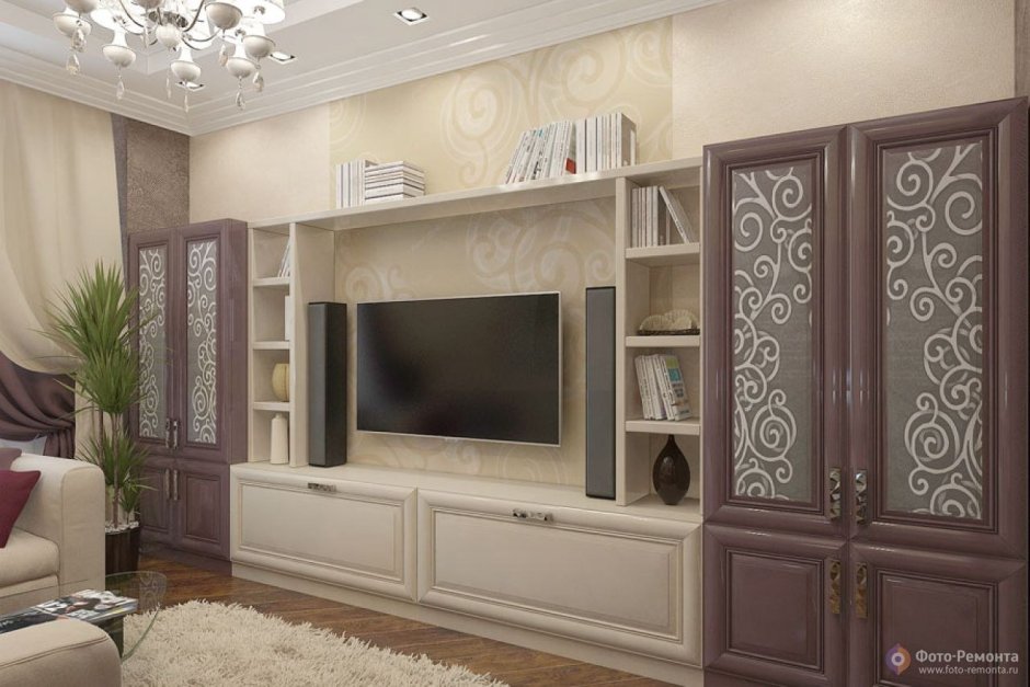 Шкаф в гостиную в классическом стиле с телевизором