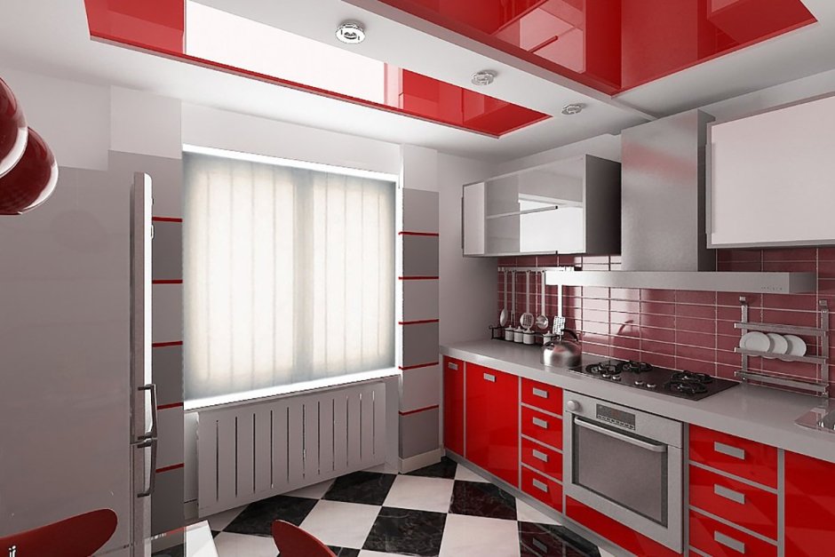 Красный потолок на кухне