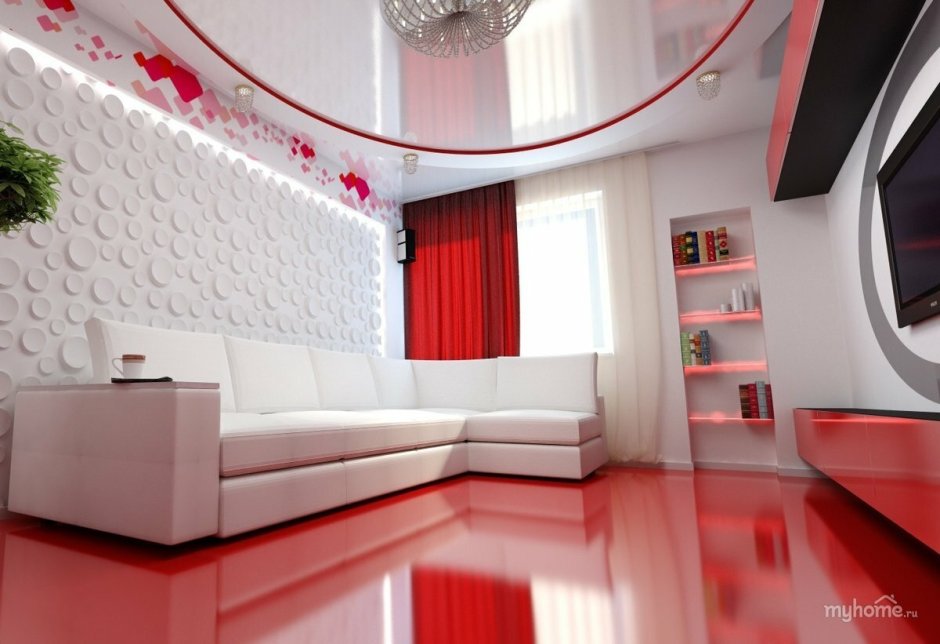 Красно белый интерьер гостиной
