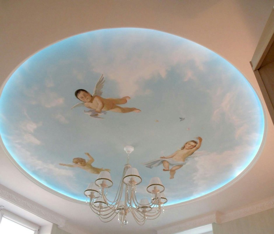 Натяжные потолки двухуровневые с рисунком ангелы