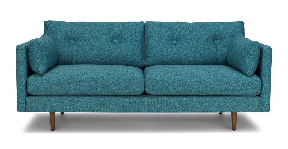Синий велюровый диван с подушками