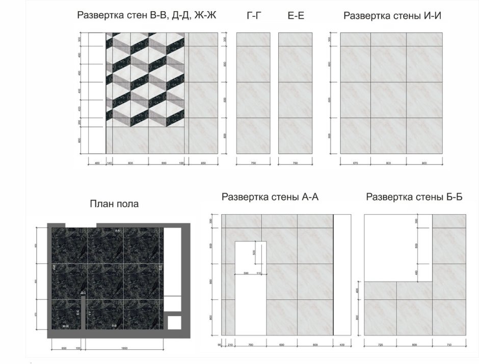 Развертка стен ванной комнаты