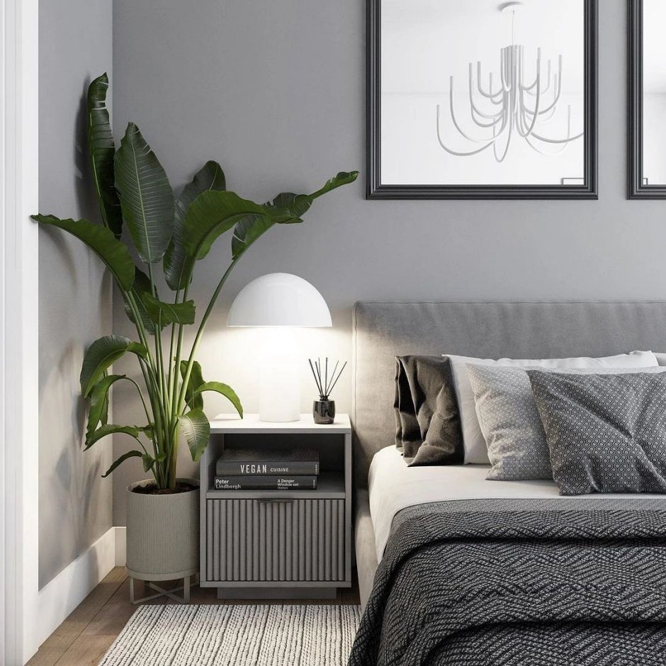 Дизайн комнаты с серыми обоями флористика