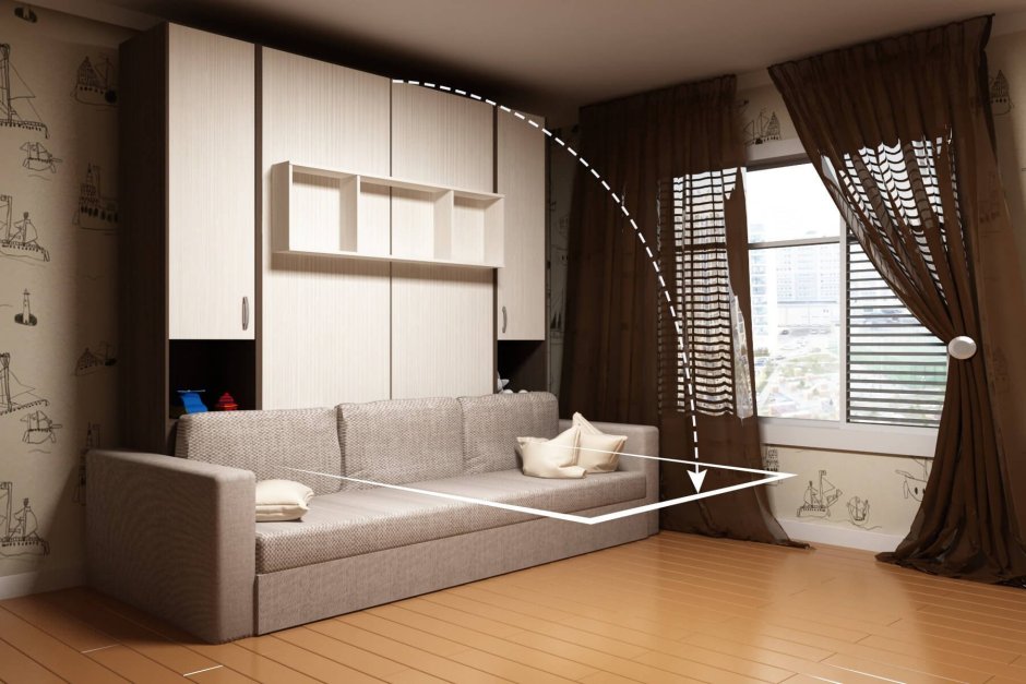 Дизайн комнаты 12 кв м с диваном трансформер
