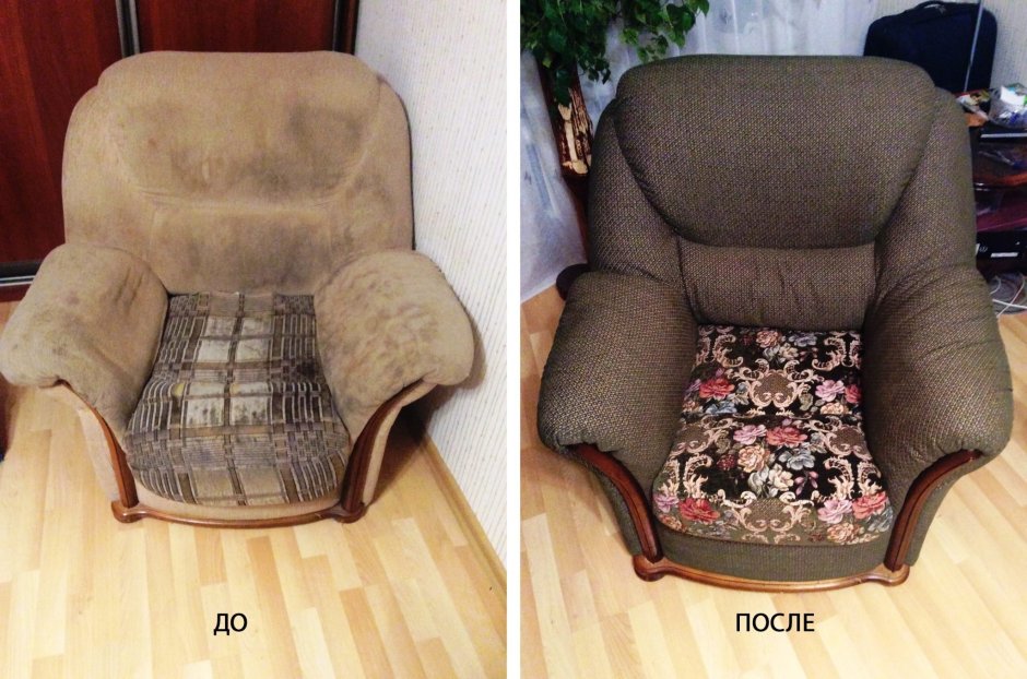Перетяжка кресла до и после