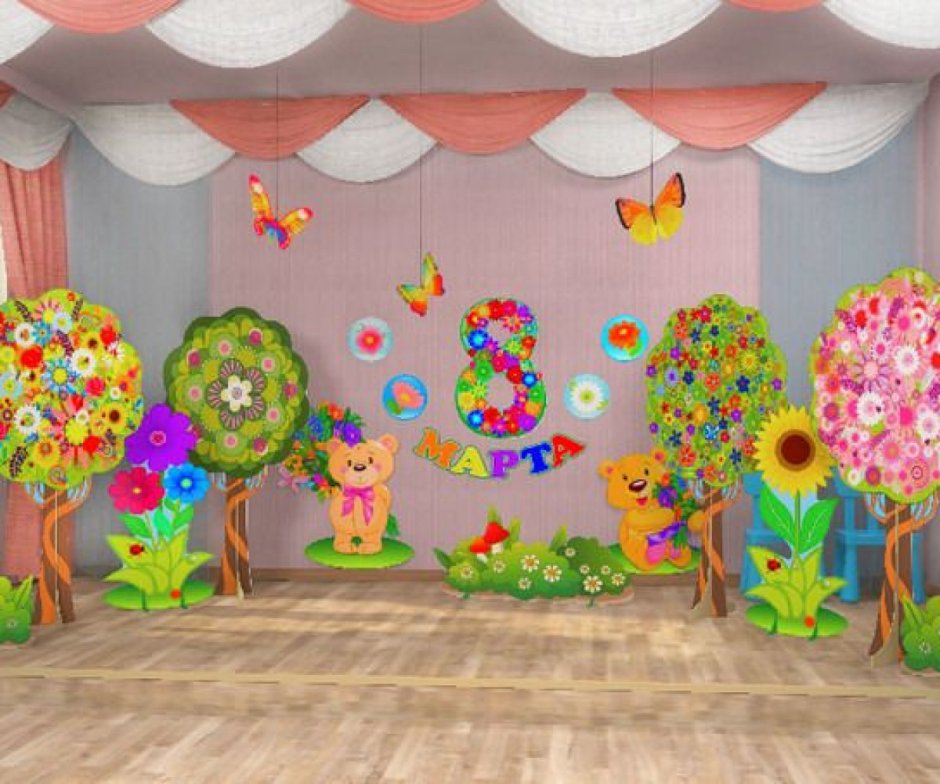 Весеннее украшение зала в детском саду