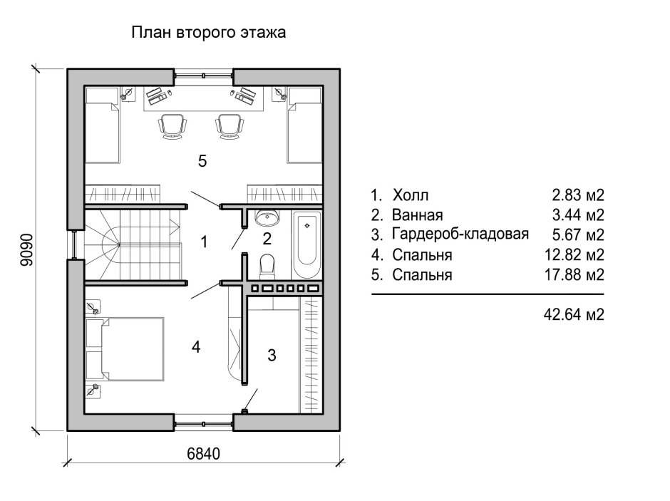 План второго этажа частного дома с лестницей