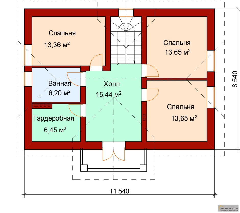 План двухэтажного дома с 3 спальнями на втором этаже