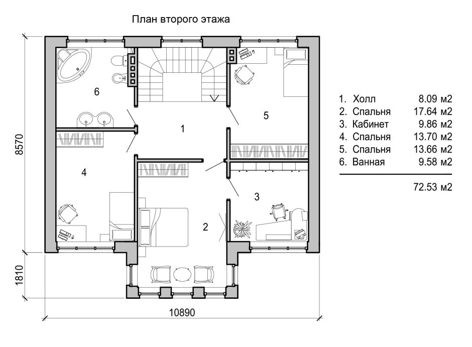 План второго этажа частного дома с лестницей