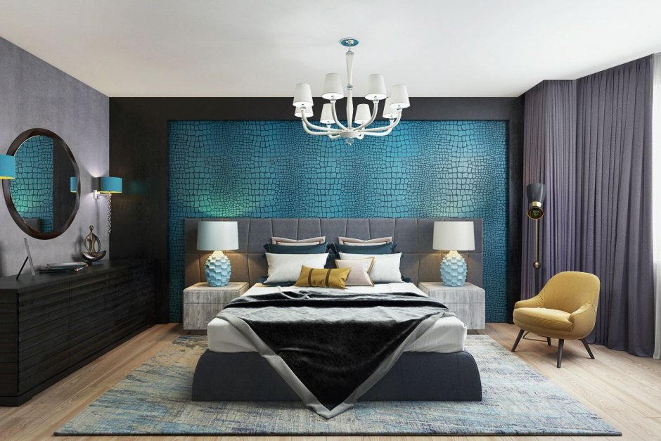 Спальня в синих тонах в современном стиле