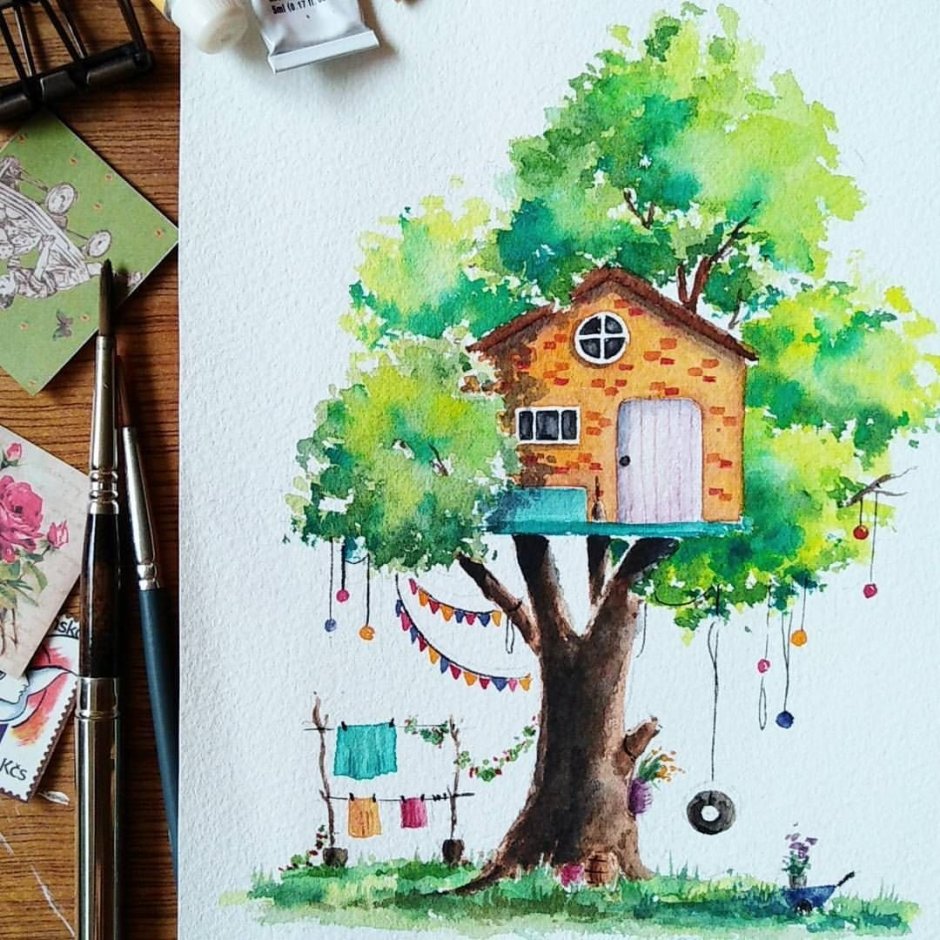 Акварельный домик на дереве