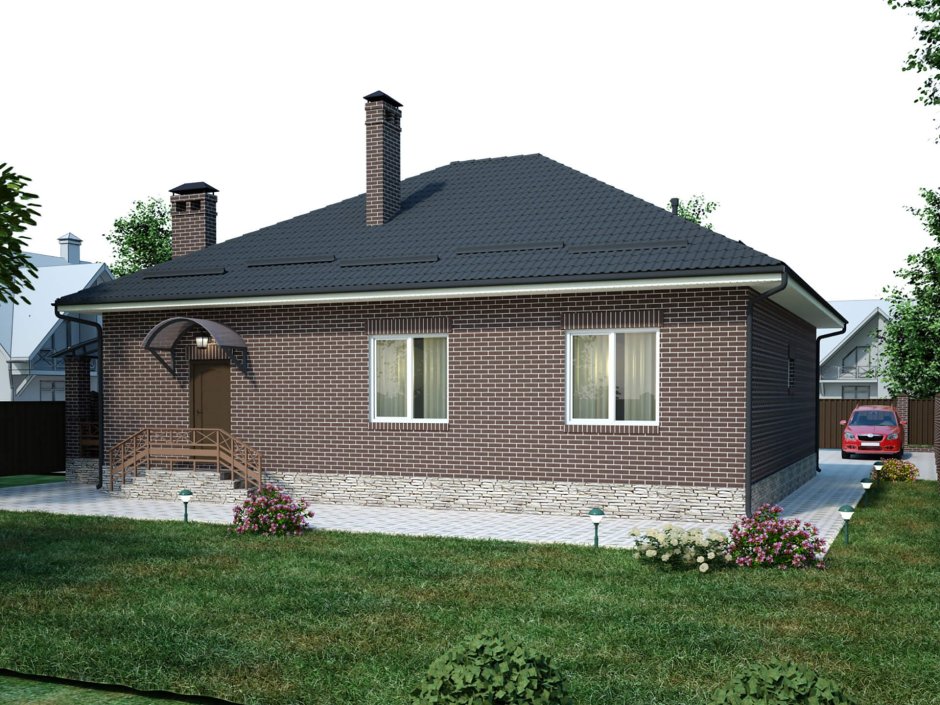 Одноэтажный дом из коричневого кирпича