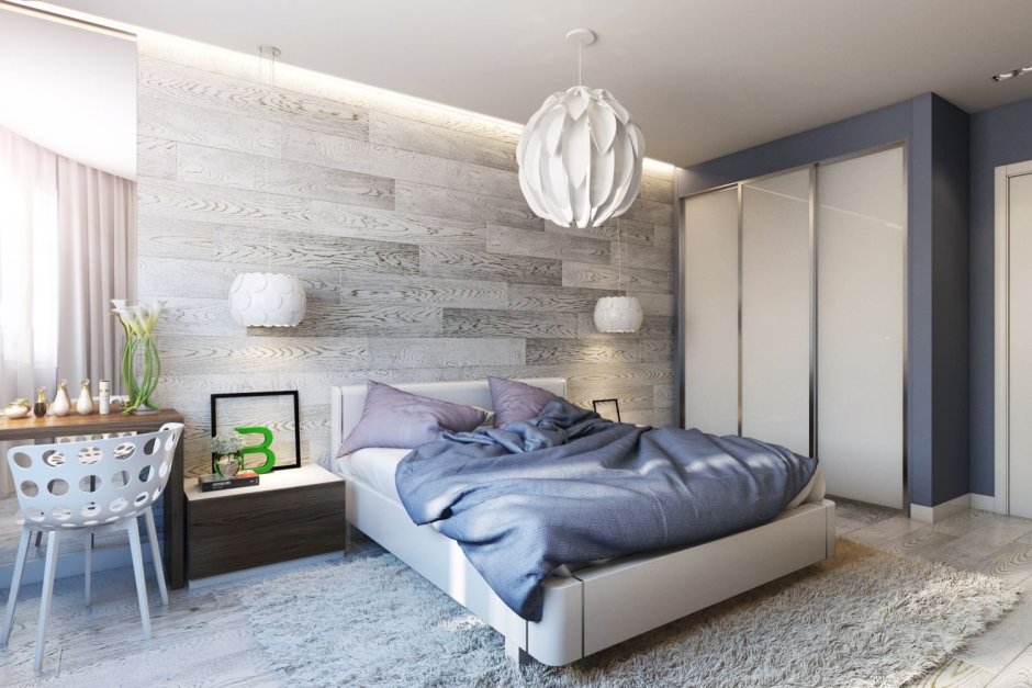 Спальня в стиле лофт в светлых серых тонах