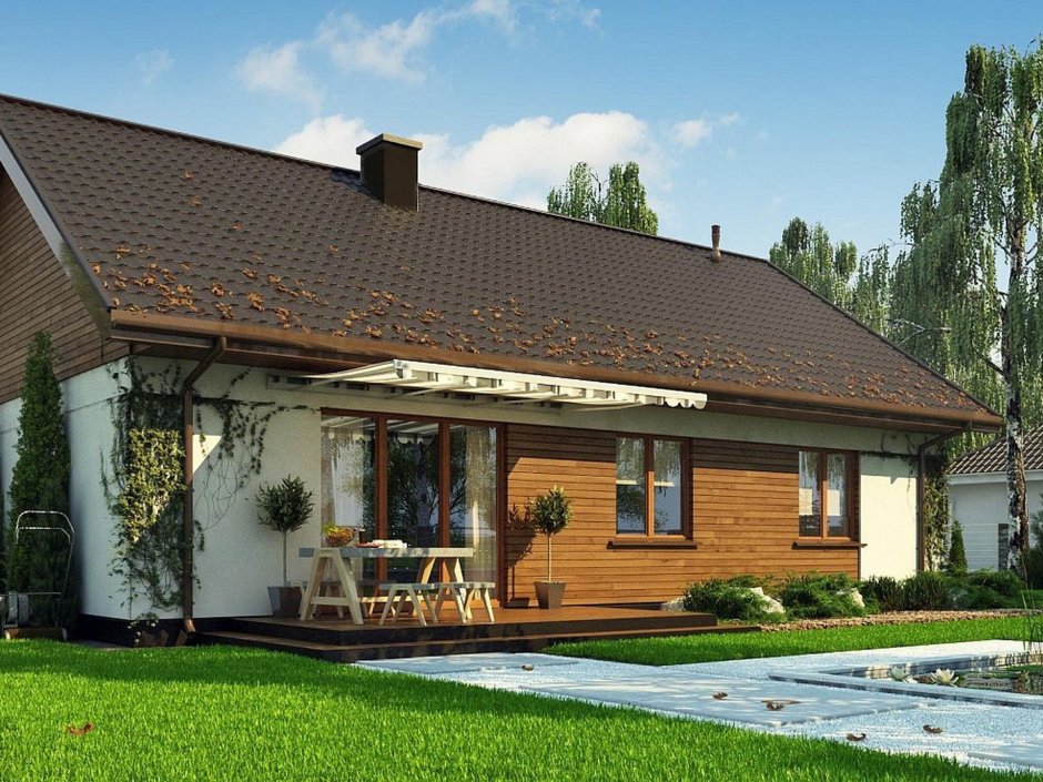 Одноэтажный дом с коричневой крышей