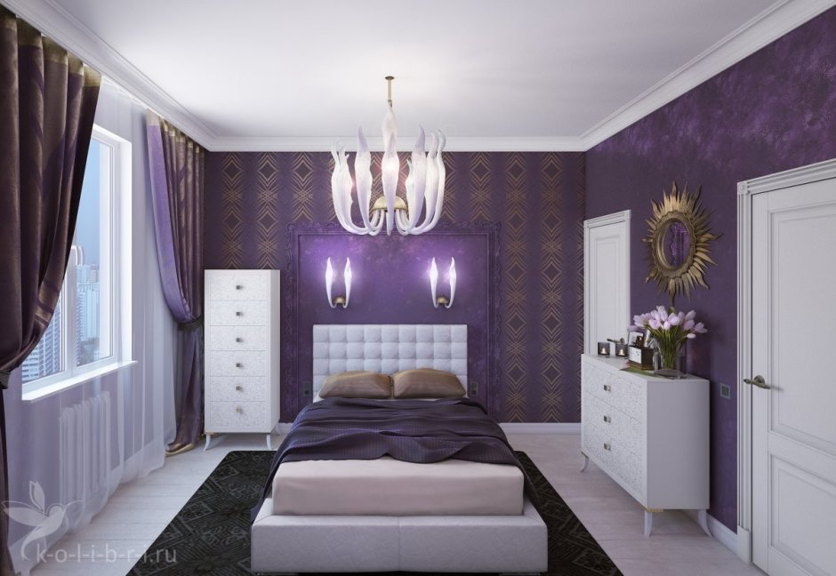 Фиолетово серая спальня