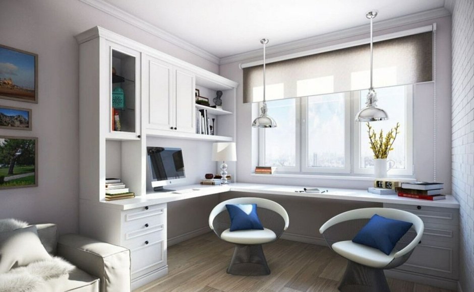 Стол у окна с полками