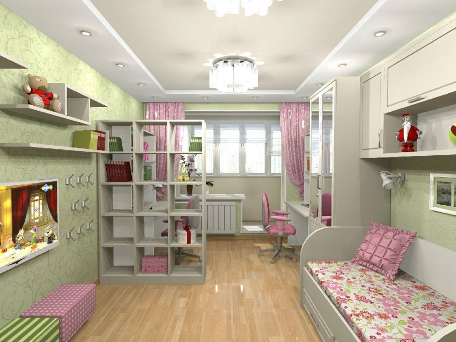 Узкая детская комната для девочки
