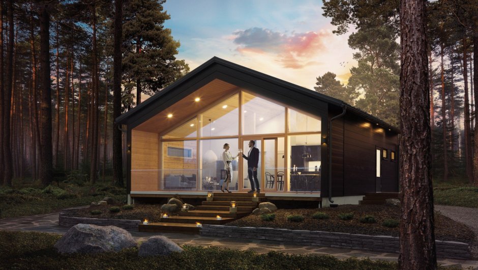 Деревянный дом с панорамными окнами