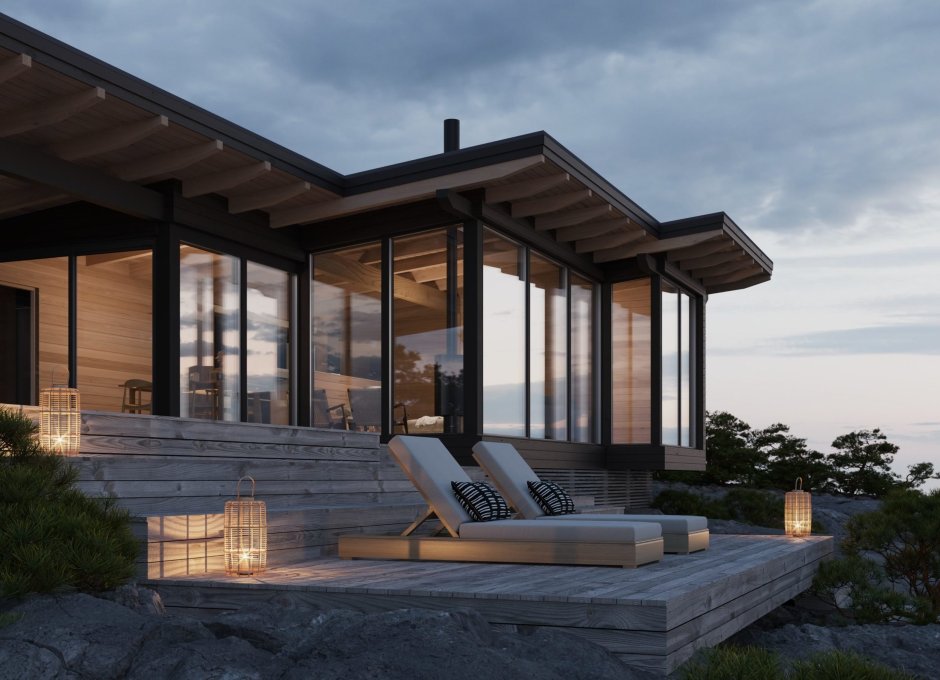 Дачный домик с панорамными окнами интерьер