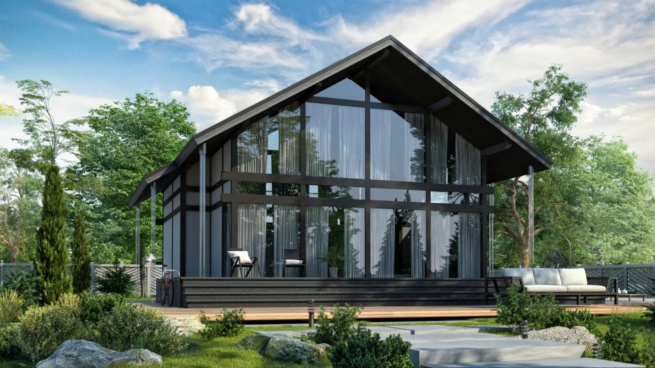 Одноэтажный деревянный дом с панорамными окнами