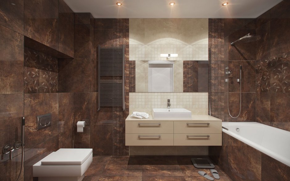 Ванная комната с коричневой плиткой