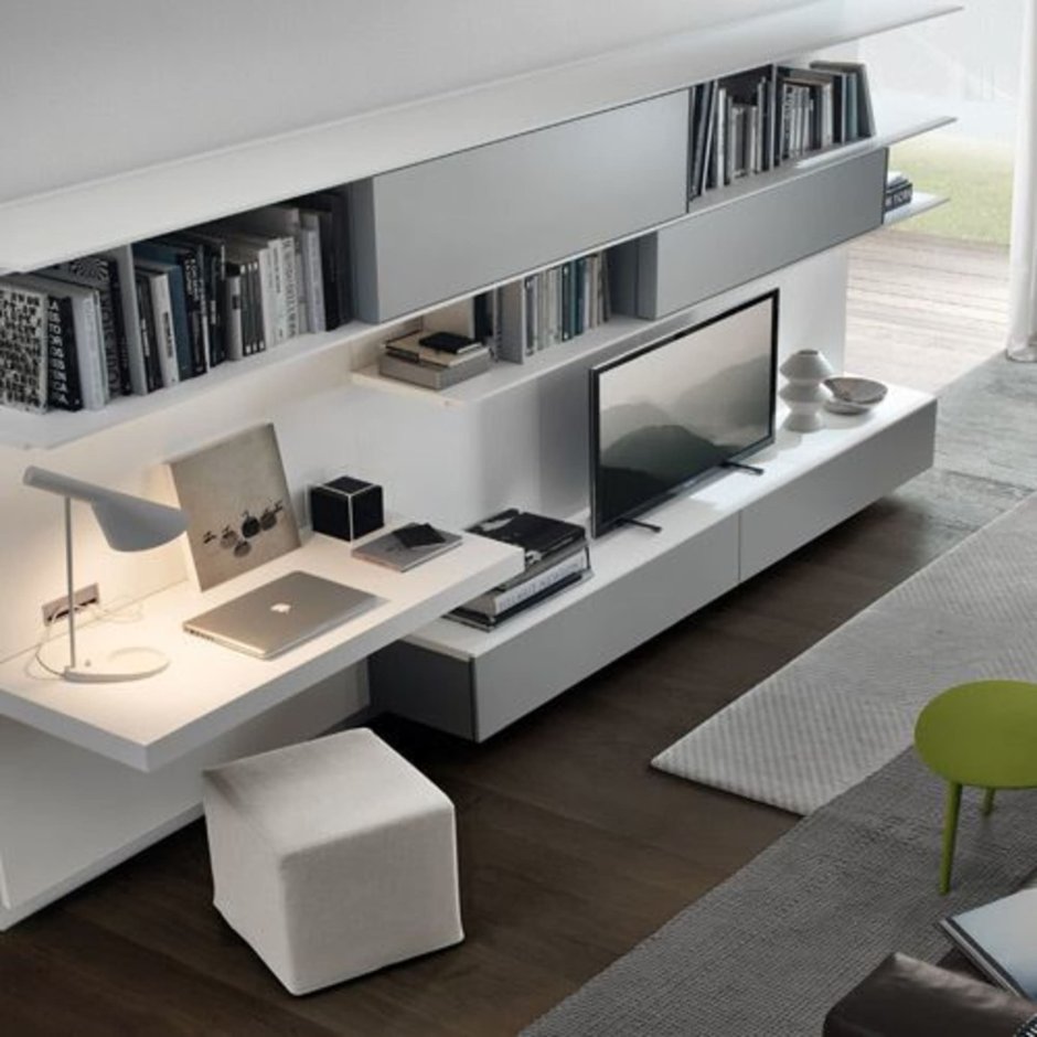 Навесная гостиная с рабочим столом