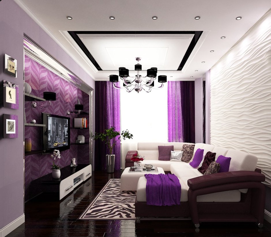 Фиолетовый потолок в интерьере