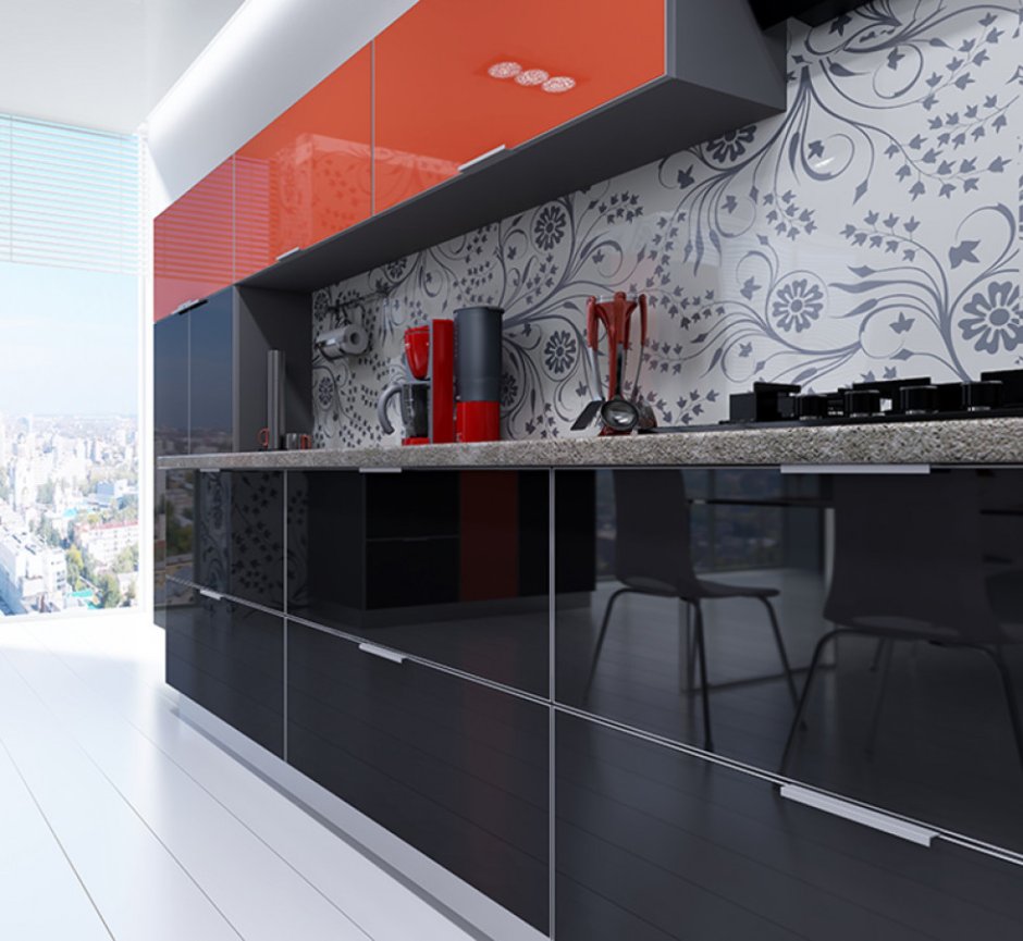 Стеклянный фартук для голубой кухни