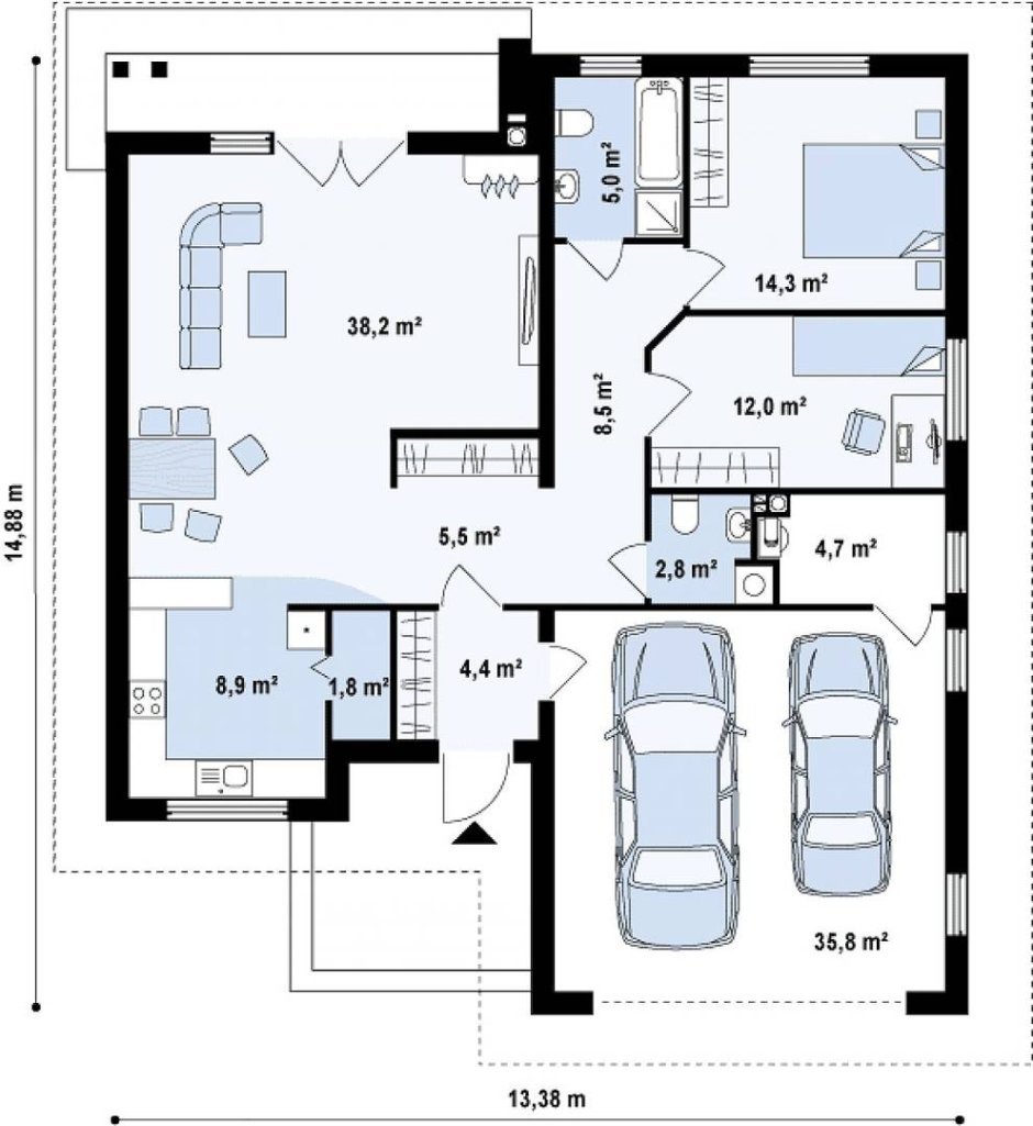 План одноэтажного дома с гаражом на 2 машины
