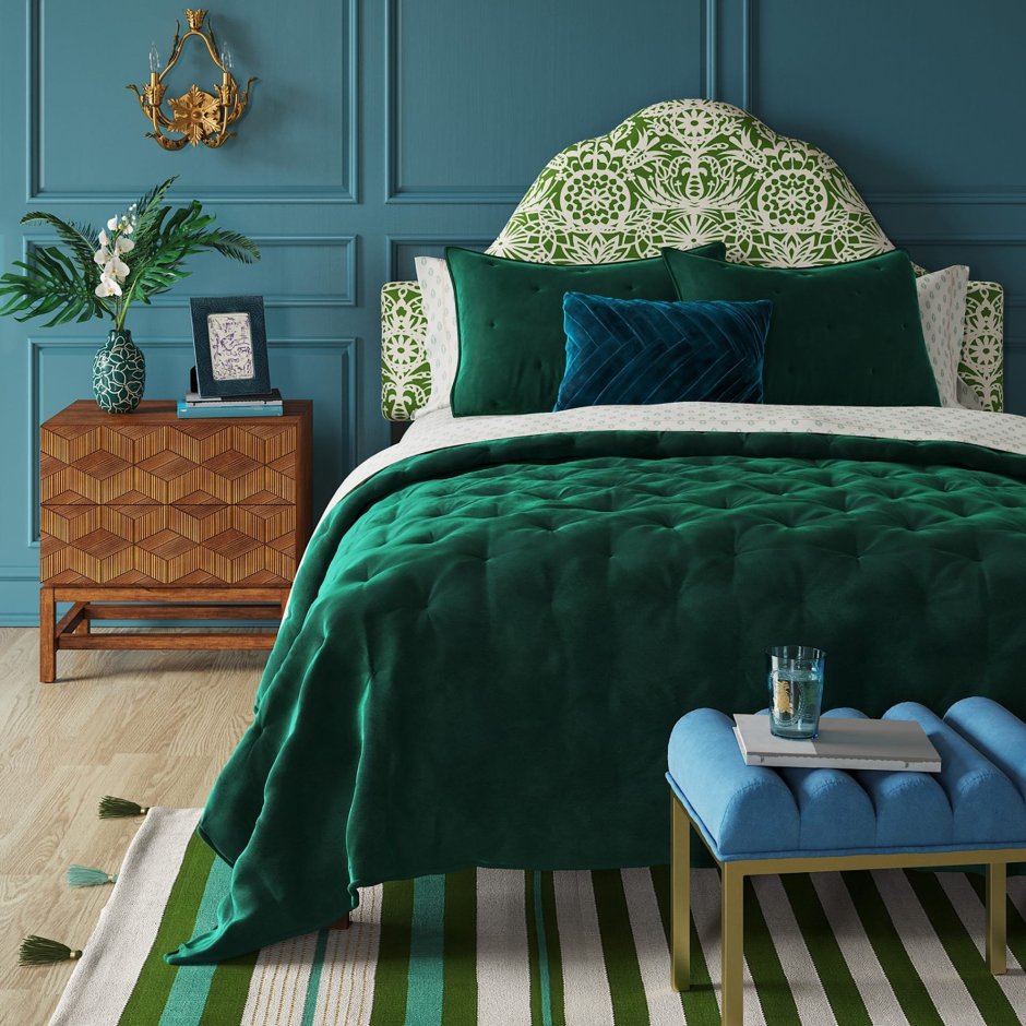 Зеленое постельное белье в интерьере