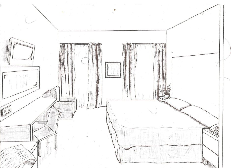 Рисунок интерьера комнаты во фронтальной перспективе