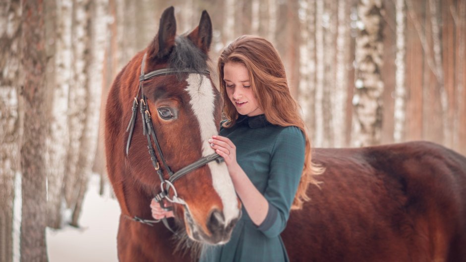 Девушка гладит лошадь