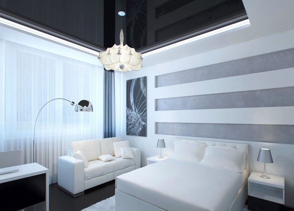 Глянцевый натяжной потолок белый глянец в интерьере