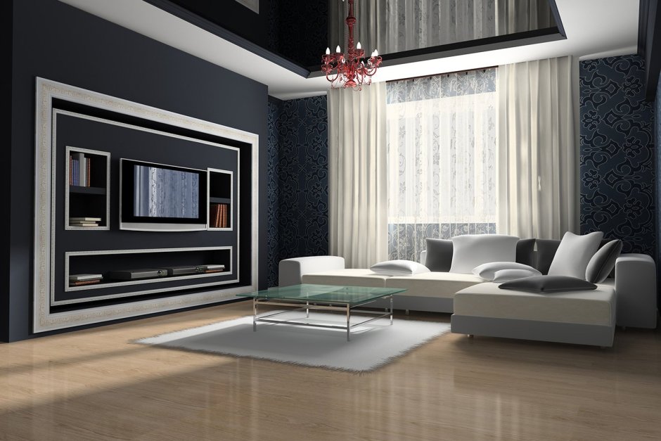 Черно белый потолок в гостиной