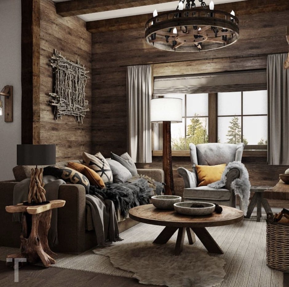 Деревенский интерьер с темно-коричневыми стенами