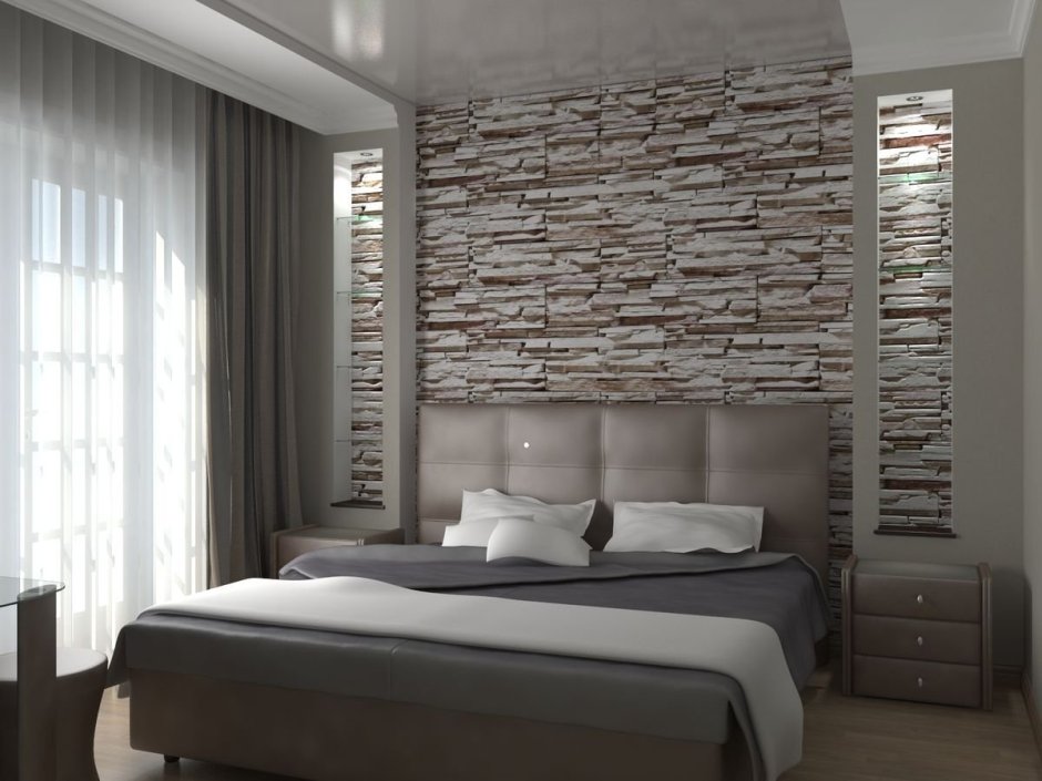 Искусственный камень в интерьере спальни