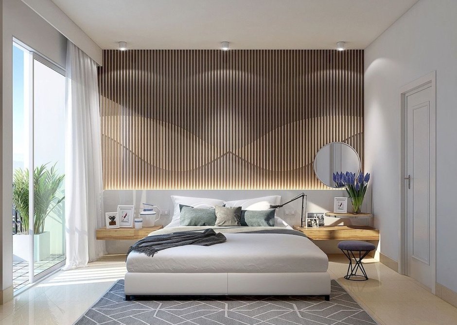 Современная спальня с рейками