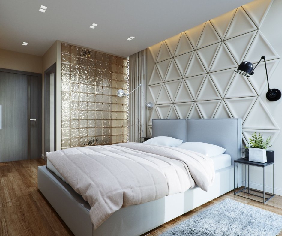 Спальня с панелью за изголовьем